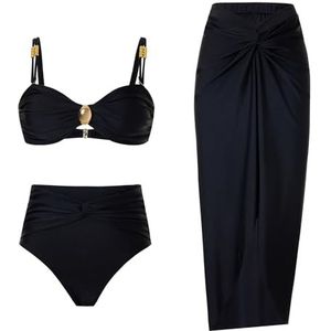 HFYRBDKSPI Dames 3-delige Bikini Sets Spaghetti Bandjes Geplooid Badpak met Strand Cover Up Wrap Rok Sarong,zwart,L