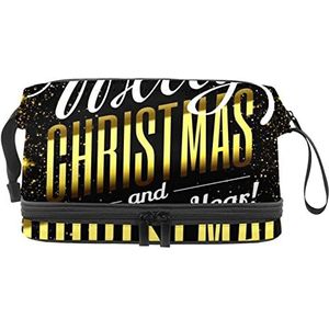 Grote capaciteit reizen cosmetische tas, gouden licht vrolijk kerstpatroon, make-up tas, waterdichte make-up tas organisator, Meerkleurig, 27x15x14 cm/10.6x5.9x5.5 in