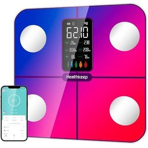 Digitale personenweegschaal, met lichaamsvet en spiermassa, voor 15 lichaamsgegevens, hartslagmeter, weegschaal voor Apple en Android, regenboog