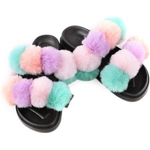 OLACD Fuzzy Flats voor dames, met pompon-ballen, zachte open teen, binnen en buiten, imitatiebont, modieuze slippers, Multi kleuren 2, one size