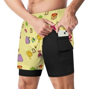 Leuke Kat Cake En Regenboog Grappige Zwembroek Met Compressie Liner & Pocket Voor Mannen Board Zwemmen Sport Shorts