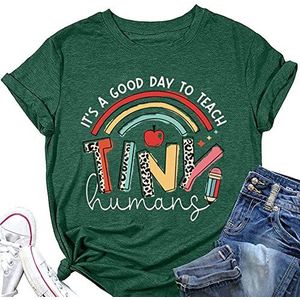 It's A Good Day to Teach Tiny Humans T-Shirt Vrouwen Zomer Leuke Regenboog Apple Potlood Print Tees Leraren Dag Gift Tops, Vintage Groen, L