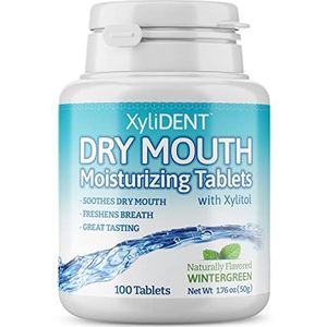 XyliDENT Xylitol-tabletten voor droge mondverlichting - stimuleert speeksel, verfrist de adem, vermindert de zuurproductie, snelwerkende verlichting, 100 stuks (wintergroen)