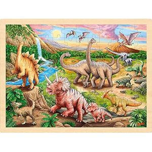 goki 57348 Inlegpuzzel dinosauruswandeling - 96 delen van hout - kleurrijk kleurdesign met gedetailleerde dinosaurus-motv