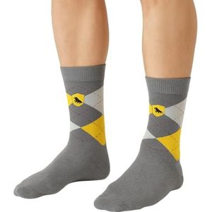 Gelicentieerde Harry Potter Huffelpuf Argyle gebreide sokken Huffelpuf Logo geborduurd maat 6-11, Grijs/Daisy Geel, One size
