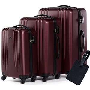 FERGÉ Kofferset harde schaal 3-delig + 1x lederen aanhanger Marseille trolleyset - handbagage 55 cm, L en XL set van 3 hardshell koffer rolkoffer 4 wielen 100% ABS rood, wijnrood, 3er Set, kofferset