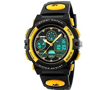 Kids Student Outdoor Waterproof Sports Watches LED Digital Analog Quartz Dual Time Zones Wristwatches For Boy Girl Multifunction Chirldren Fashion Watch (yellow)