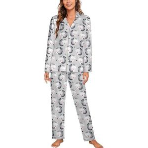 Slapende kat dames lange mouw button down nachtkleding zachte nachtkleding lounge pyjama set S