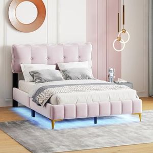 Idemon Gestoffeerd bed 140 x 200 cm, jeugdbed, tweepersoonsbed met lichtbalk, met rugleuning, met lattenbodem, fluweel, hoge metalen poten (roze)