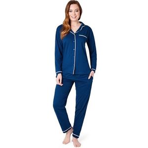 Damespyjama-set - klassieke nachtkleding met lange mouwen en broek, pyjama's, gezellige katoenen loungewear S-XL - nachtkleding cadeaus voor haar, marineblauw, S