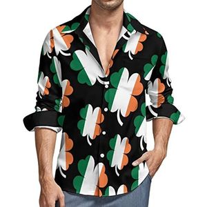 Patrick's Day Clover Leaf overhemd voor heren, button-down shirt met lange mouwen en V-hals, casual tops met normale pasvorm