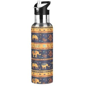 Tribal Etnische Afrikaanse Olifanten Sport Water Fles met Stro Thermos Rvs Dubbelwandige Geïsoleerde Vacuüm Cup 600ML Thee
