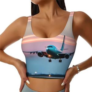 Vliegtuig in de avond lichten print casual wear vrouwen sport vest yoga vest workout vest voor vrouwen lichtgewicht trendy, Zwart, S