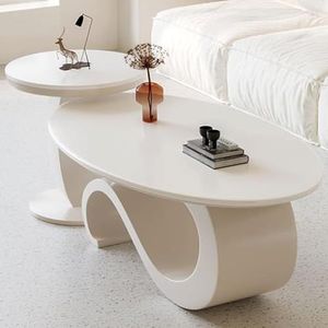 JAVYPPT Nesting Salontafel Set van 2, ronde + ovale salontafel, bolvormig basisontwerp, afzonderlijk/samen te gebruiken, voor slaapkamer eetkamer (99 cm + 50 cm)