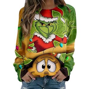 LSEEKA Grinch kersttrui voor dames, sweatshirt, licht, katoen, tops, shirt met lange mouwen, met print, moderne vrouwen, zonder capuchon, Kerstmis, bovenstuk, Z04 wijnrood, XL