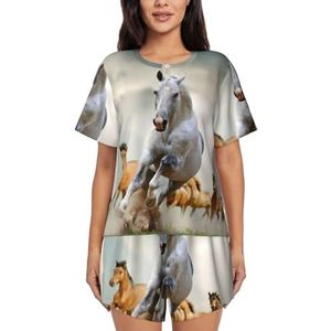 EdWal - Pyjama Set - Zwart - Wilde Dieren Paarden Patroon - Korte Mouwen