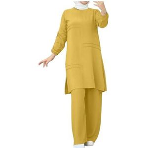 UPPJPBSW Muslim Vrouwen Plus Size Linnen Lounge Set - 2-Delige Outfit met Losse Lange Mouwen en Broek met Split Zoom,Geel,3XL