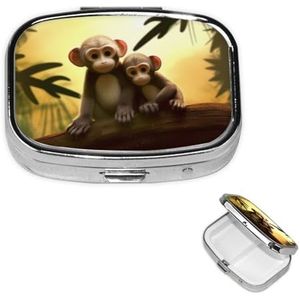 Schattig paar aap pillendoos 2 compartimenten, kleine pillendoos voor portemonnee en zak, metalen pillenetui met spiegel, reizen dagelijkse pillenorganizer, draagbare medicijnvitaminehouder uniek