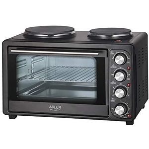 JUNG ADLER AD6020 Mini-oven 36L met 2 elektrische kookplaten, mini-oven met kookplaat, 4600 W, met circulatie, timer 60 min, 5 verwarmingsmodi, incl. grillrooster, draaispies, bakplaat
