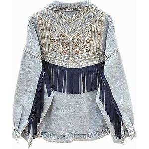 Spijkerjacks Voor Dames,Denim Jack Met Boho-Kwastjes Voor Dames Gebloemd Borduurwerk Suede Fringe Jeans Tops Tailored Stretch Trucker Button Denim Coat Cardigan Cropped Jeansjacke For Girls Autumn S