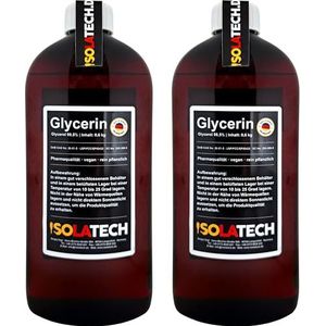 ISOLATECH Glycerine 99,5% 1 liter farmaceutische kwaliteit, made in Germany, gemeten 99,98% puur plantaardig, glycerol, vloeibaar, transparant, 2 x 500 ml fles (inhoud 2 x 600 g)