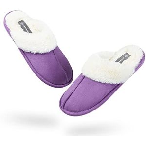 DUNLOP Damespantoffels met traagschuim, pluizige bontvoering, antislip instapschoenen, Paars, 37 EU