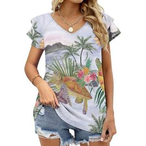Aquarel Hawaii Palm Tree Turtles Grafische Blouse Top Voor Vrouwen V-hals Tuniek Top Korte Mouw Volant T-shirt Grappig