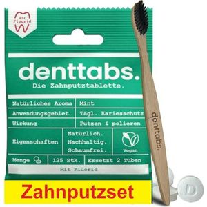 Denttabs Tandenborstelset - Tandenborsteltabletten mint met fluoride 125 stuks set + bamboe borstel ultrasoft