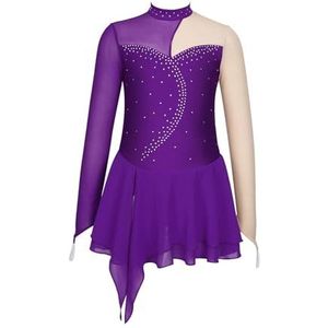 NUOYIXUAN Kunstschaatsjurk met strass lange mouwen voor meisjes, patchwork, ballet, gymnastiek, dans, body, show-kleding voor kinderen (paars E, 16)