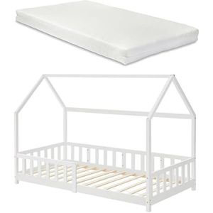 [en.casa] Kinderbed Hesel huisbed met matras 90x200 cm wit wit met uitvalbeveiliging en lattenbodem vloerbed jeugdbed houten bed