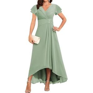 WSEYU Korte Mouw Moeder Van De Bruid Bruidegom Jurken Chiffon Kralen Formele Avond Grootmoeder Jurken Thee Lengte ZM203, Sage Groen, 32
