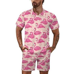 Roze flamingo's heren poloshirt set korte mouwen trainingspak set casual strand shirts shorts outfit L