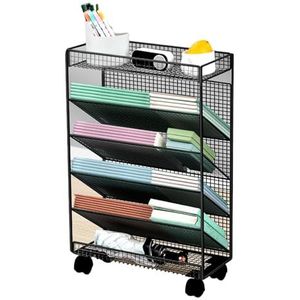 Rollende Boekenplank Met Wielen, Tijdschriftenrek Met Grote Capaciteit, Boekenplankorganizer, Verwijderbare Metalen Praktische Rollende Organizer, Mobiele Boekenplank Archiefwagen (Color : Black, Si