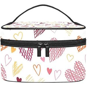 Make-up Organizer Bag, Reizen Make-up Tas Organizer Case Draagbare Cosmetische Tas voor Vrouwen en Meisjes Toiletartikelen Rood Roze Geel Hand Getrokken Harten, Meerkleurig, 22.5x15x13.8cm/8.9x5.9x5.4in
