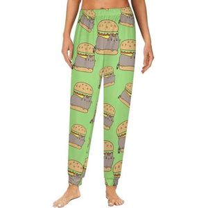 Funny Cat Hamburger damespyjama, loungebroek, elastische tailleband, nachtkleding, broekje, print
