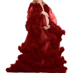 Lange Mouw Geplooide Moederschap Tule Gewaad Voor Fotoshoot Zwangere Badjas Pure Lingerie Nachtjapon AH151, Rood, 32