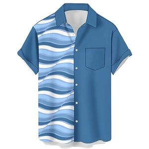 Heren Gestreepte Fashion Shirts Button Down Short Sleeve Vintage Hawaiian Bowling Shirt Casual Camp Beach Tops, 05 Blue Wave, XXL