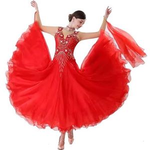 FZHQNZJF Balzaal Concurrentie Jurken Waltz Tango Danskleding Voor Dames Strass Flamenco Foxtrot Prestatie Kostuum Lange Mouw Nationale Standaard Rok,Rood,3XL