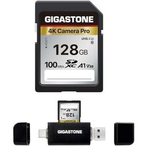 [5 Jaar Gratis Dataherstel] GIGASTONE SD Card 128GB SDXC Camera Pro met USB Type C kaartlezer + Mini-case, Geheugenkaart voor Canon Nikon Sony Camcorder, 100MB/s UHS-I A1 V30 U3 C10 Class 10