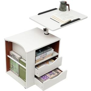 Houten drijvende lift top bed bijzettafel nachtkastje bureau laden kast uittrekbaar functioneel draaibaar nachtkastje van verstelbaar hout met wielen en open plank (wit)