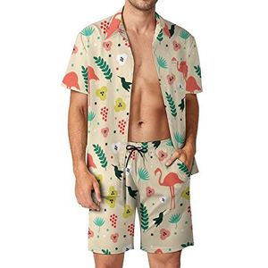 Flamingo Bird And Flower Hawaiiaanse bijpassende set voor heren, 2-delige outfits, button-down shirts en shorts voor strandvakantie
