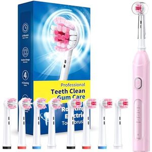 Roterende elektrische tandenborstel voor volwassenen met 8 opzetborstels (2 soorten), 4 modi diepe schone elektrische tandenborstel met oplaadbare voeding en 2 minuten slimme timer roze