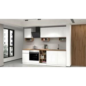 Dmora Compleet Rudolf praktisch en ruimtebesparend, keukenwand met 7 deuren en 1 lade, 100% Made in Italy, 255 x 60 x 85 cm, wit glanzend, wit, eiken
