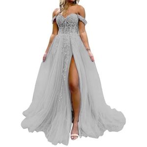 HPPEE Dames off-shoulder galajurken met split kant applicatie glitter tule formele jurk lange baljurk, Zilver, 32