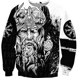 Noorse Mythologie Odin Tattoo Hoodie, Viking 3D Volledig Bedrukte Unisex Losse Harajuku Trui met Lange Mouwen, Lente en Herfst Vegvisir Punk Street Pagan Top(Color:A Round Neck,Size:XXL)