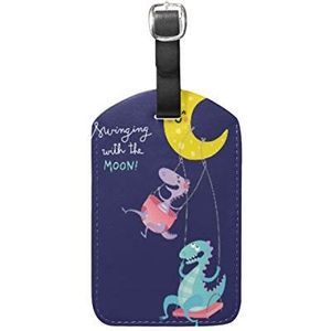 Swinging Moon Blue Dinosaurus Bagage Bagage Koffer Tags Lederen ID Label voor Reizen (2 stuks)