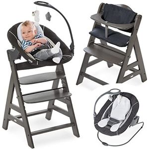 hauck Alpha Plus Newborn Set Deluxe - houten babystoel vanaf de geboorte met ligfunctie - incl. opzetstuk voor pasgeborenen & zitkussen - meegroeiend, verstelbaar - houtskool grijs