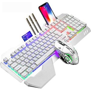 Draadloos gamingtoetsenbord met mechanisch gevoel, RGB-achtergrondverlichting, oplaadbare 5000 mAh batterij met afneembare handsteun + led-gamingmuis 7 kleuren voor schrijver/gamer (wit)