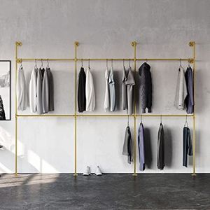 pamo kledingstang Industrial Loft Design - KIM III Double Goud - Kleerkast voor inloopkastwand I slaapkamerkledingrek gemaakt van stevige, zwarte buizen met wandbevestiging