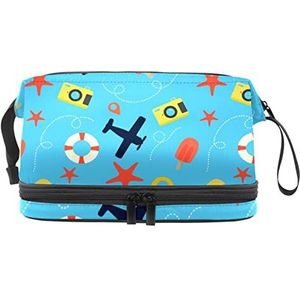 Grote capaciteit reizen cosmetische tas, make-up tas, waterdichte make-up tas organizer, reizen ijslolly's vliegtuig zeester camera blauw, Meerkleurig, 27x15x14 cm/10.6x5.9x5.5 in